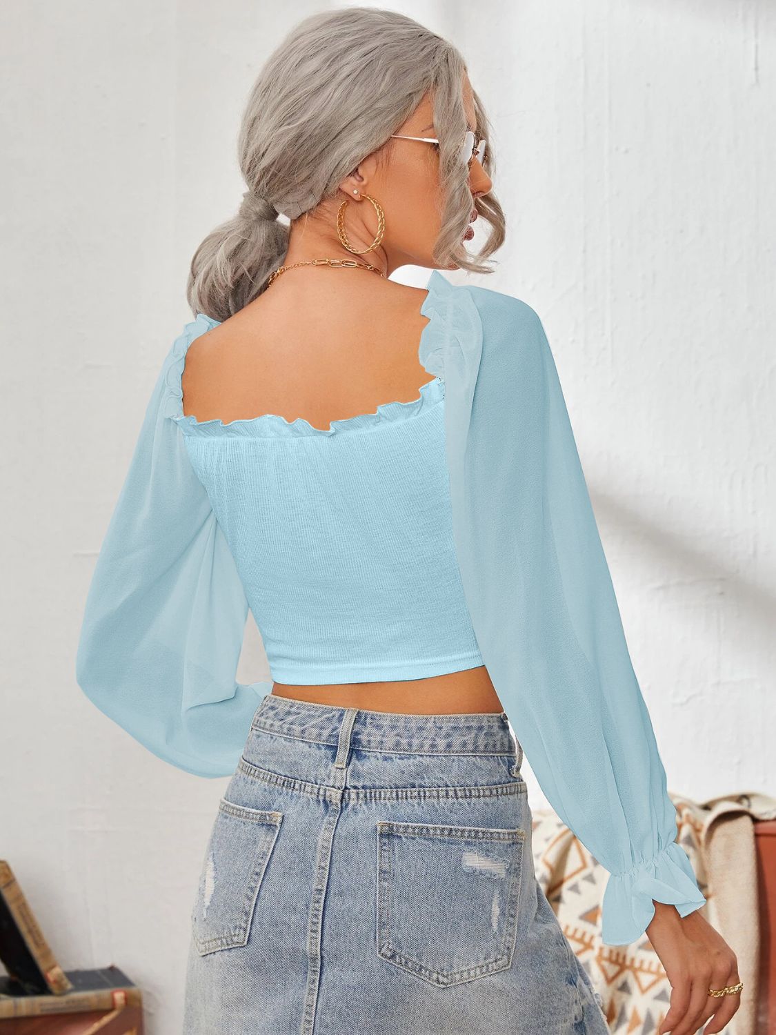 Mesh Sweetheart Neck Flounce Sleeve Top with Ruffled Detail - Image 8
