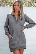 Dark Grey Ribbed Patchwork Zip Sweatshirt Dress with Pockets