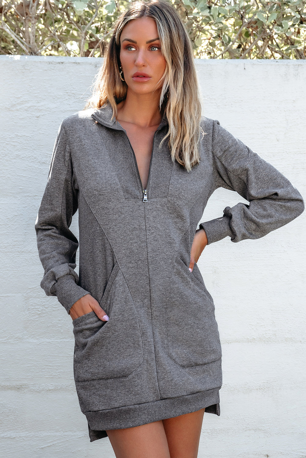 Dark Grey Ribbed Patchwork Zip Sweatshirt Dress with Pockets