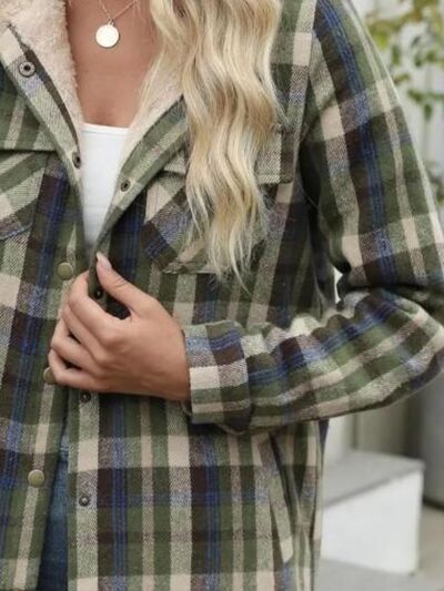 Plush Plaid Snap Down Hooded Jacket Cozy Warm Casual Outerwear