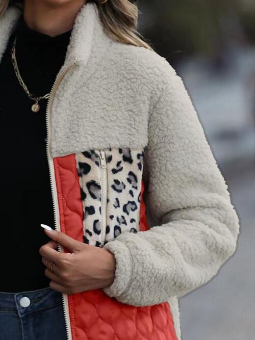 Women's Leopard Color Block Zip-Up Jacket