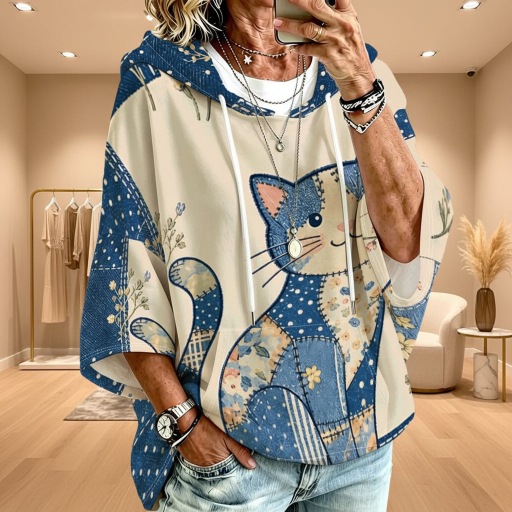 Women's Graphic Print Drawstring Hoodie – Three-Quarter Sleeves