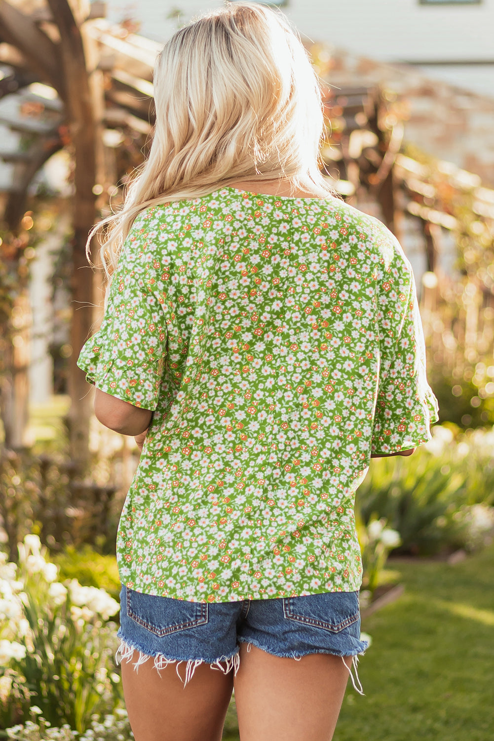 Yusra Floral Ruffle Sleeve V Neck Blouse - Boho Chic Top