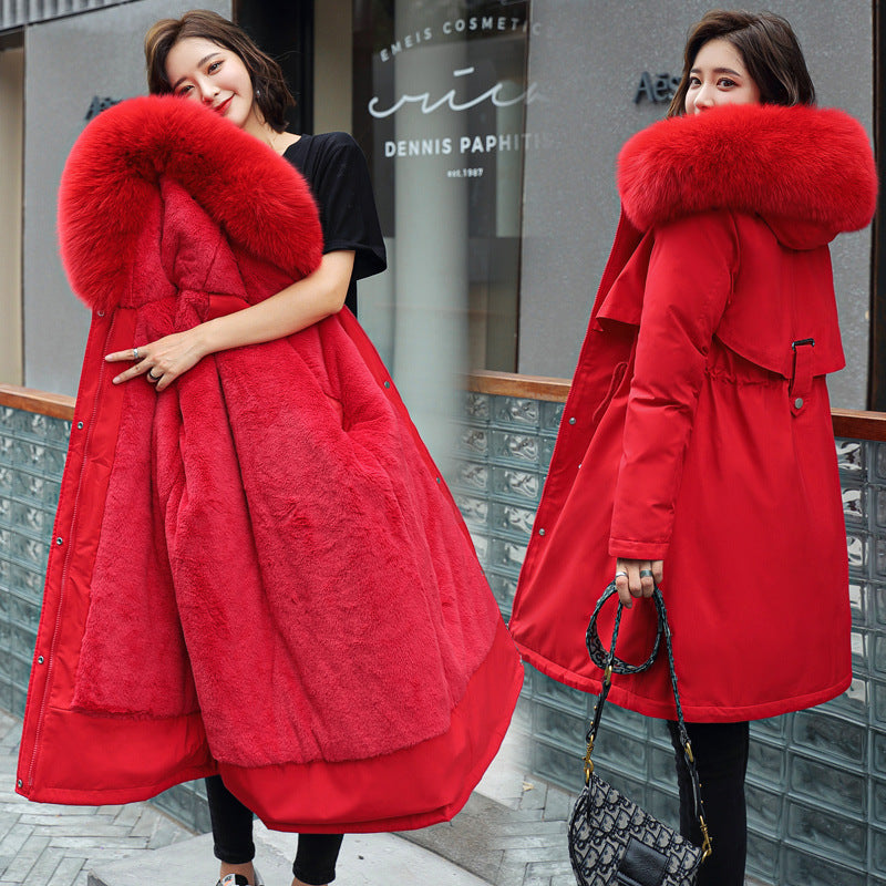 Women's Harajuku Big Fur Collar Fleece Lined Winter Coat, available in multiple colors like red and blue, showcasing its warmth and street style.
