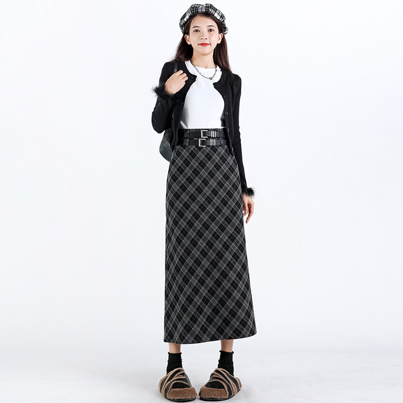 Women's High Waist Plaid A-Line Midi Skirt with Slit - Image 3