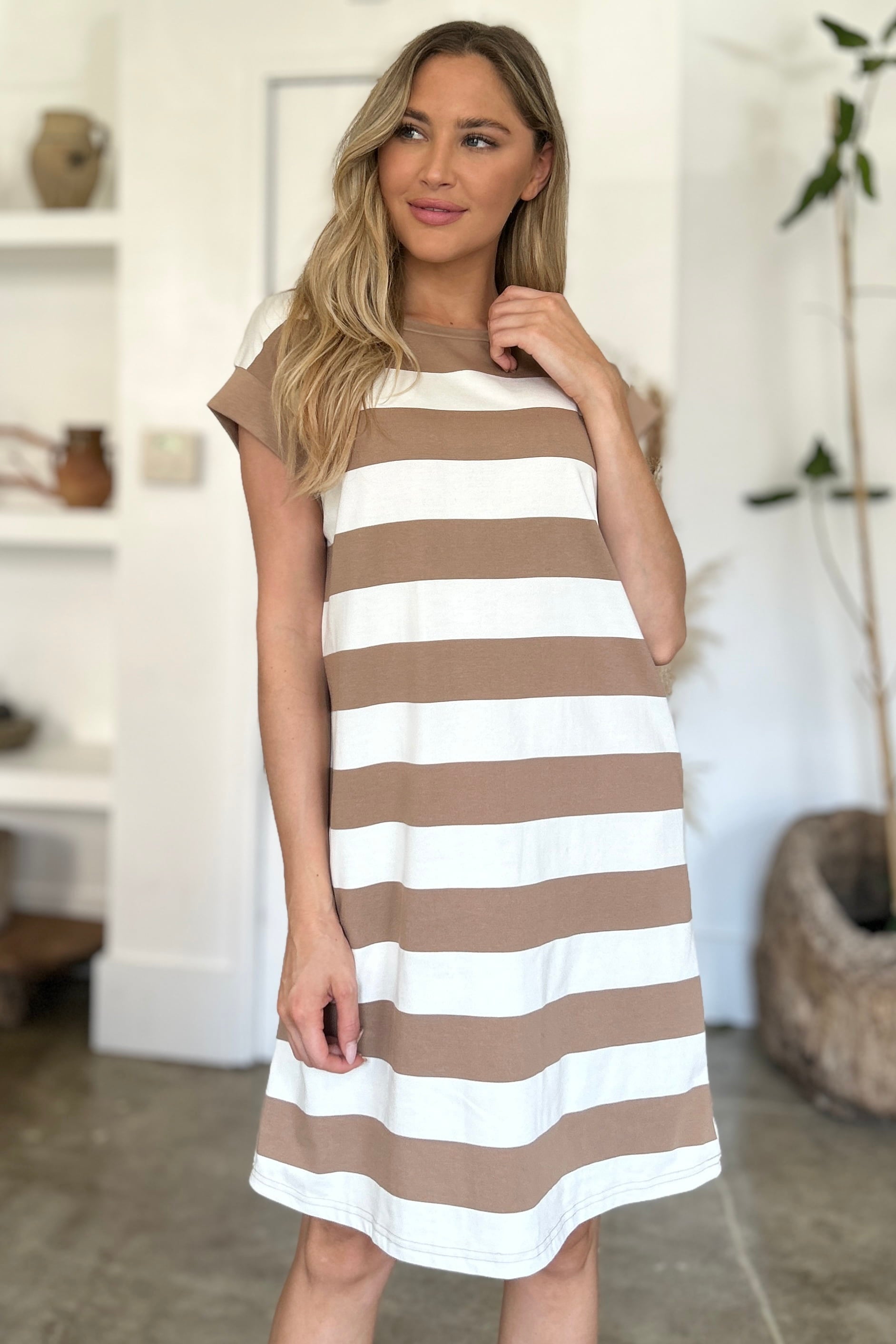 Striped Cotton Round Neck Cap Sleeve Mini Dress
