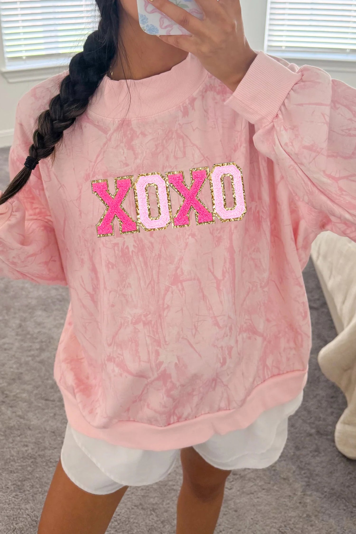 Pink XOXO Glitter Chenille Tie Dye Mock Neck Sweatshirt
