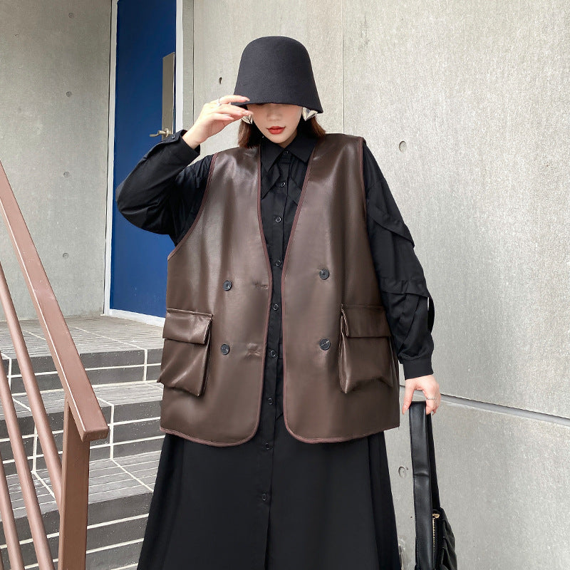 A woman wearing an oversized coffee-colored PU leather vest with front pockets over a black outfit.