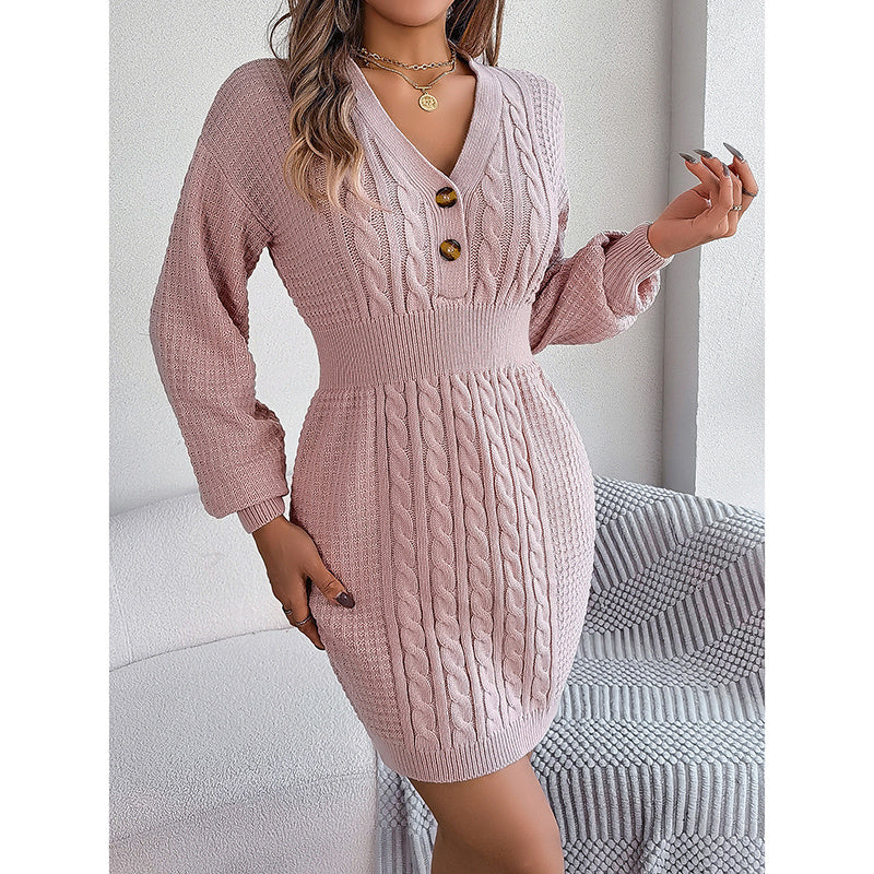 Women's Cable Knit V-Neck Sweater Dress with Button Detail