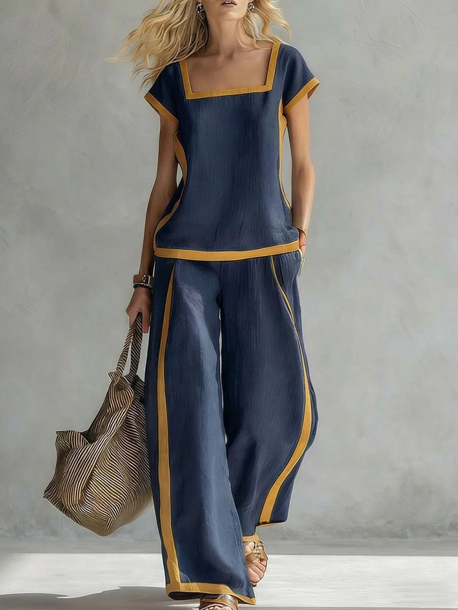 Women’s Square Neck Short Sleeve Two Piece Pants Set with Trim - Image 7