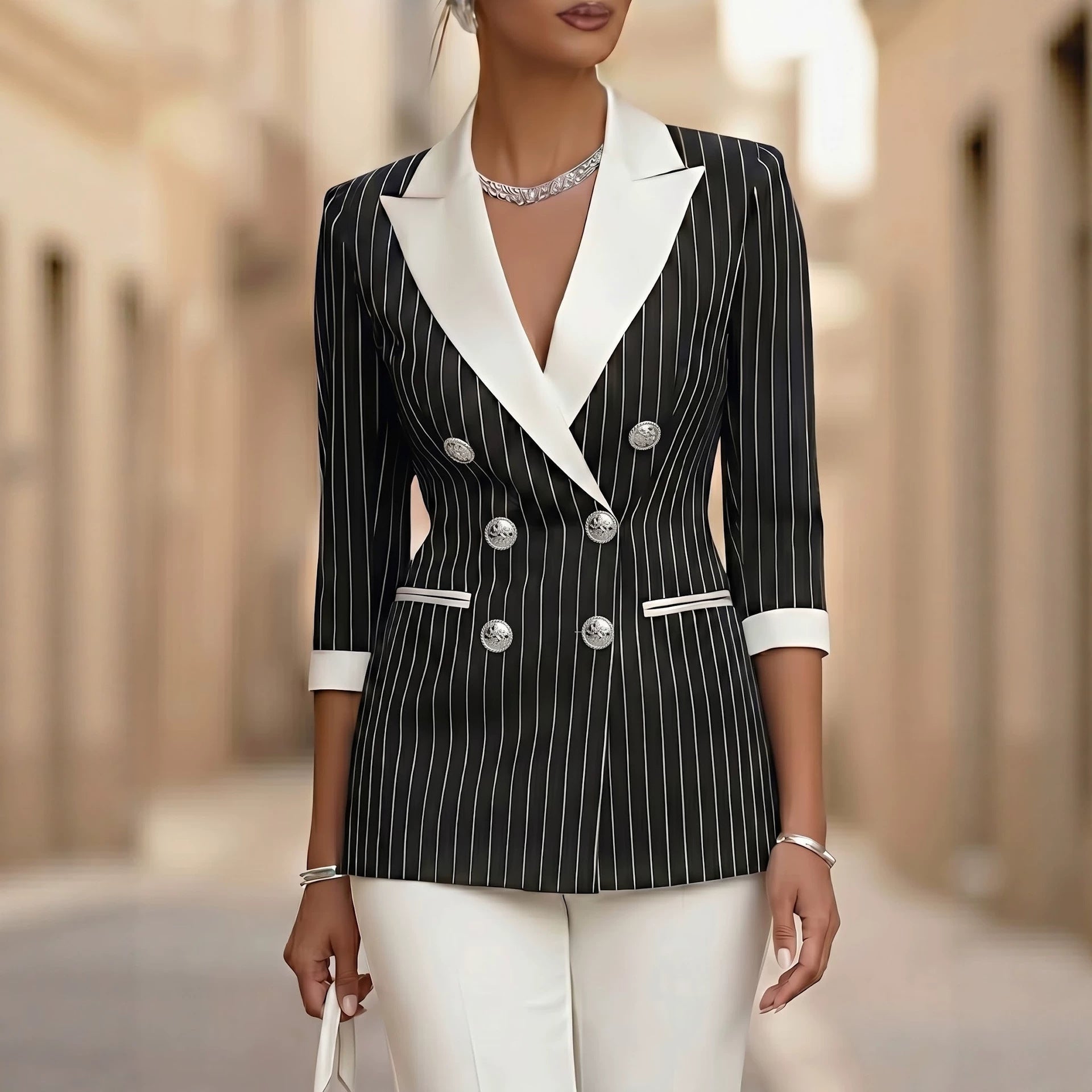 Pinstripe Double-Breasted Blazer | Contrast Lapel & Silver Buttons | Black
