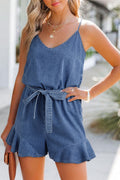 Ashleigh Blue Chambray Romper Spaghetti Straps Belted