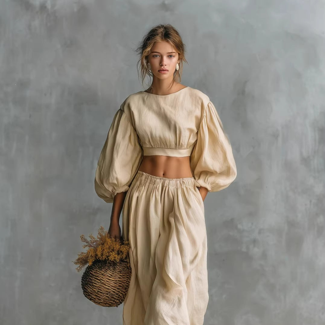 Women's Puff-Sleeve Cropped Two-Piece Set with Pocket Trousers - Image 3