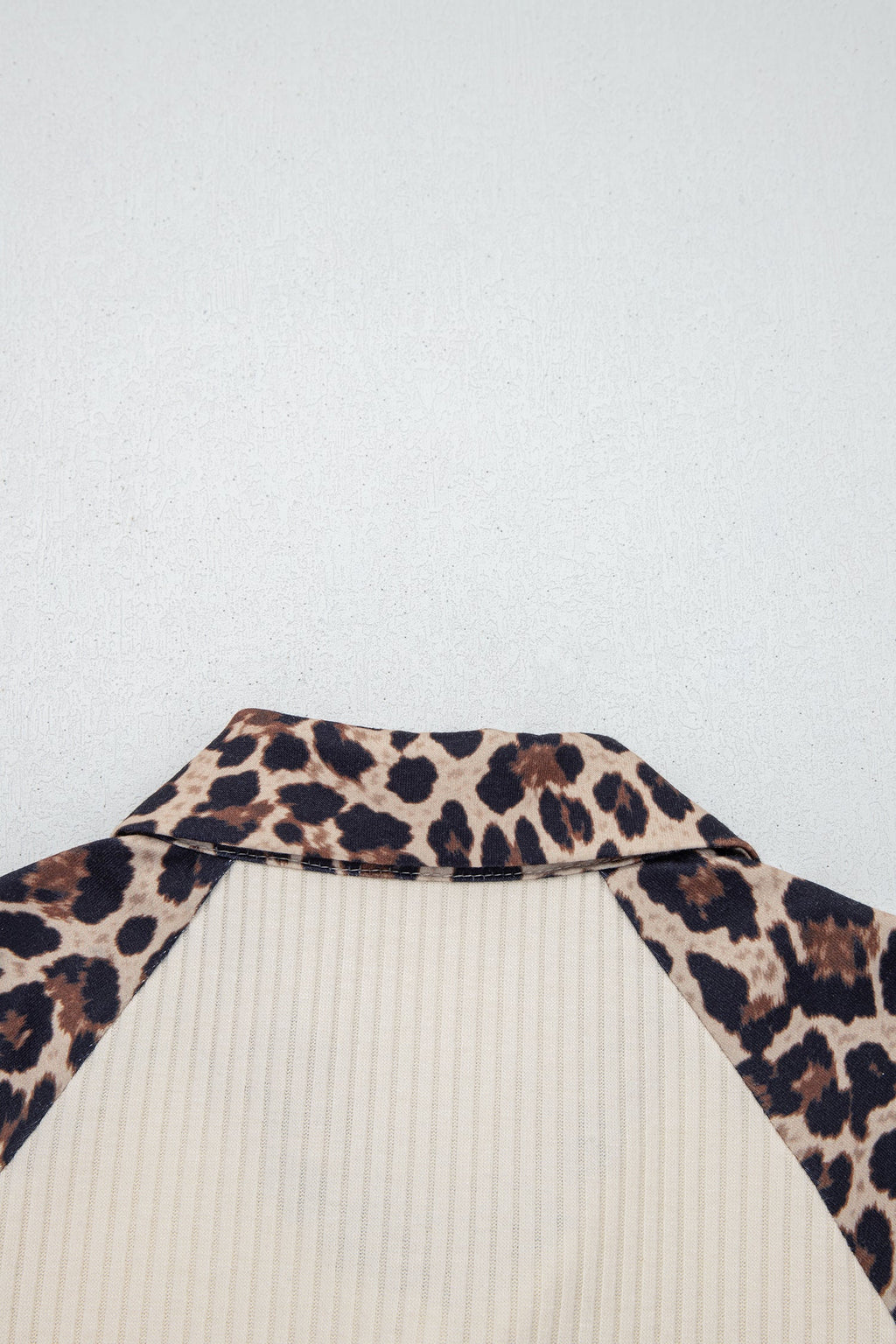 White Ribbed Texture Button Down Shirt with Leopard Patchwork