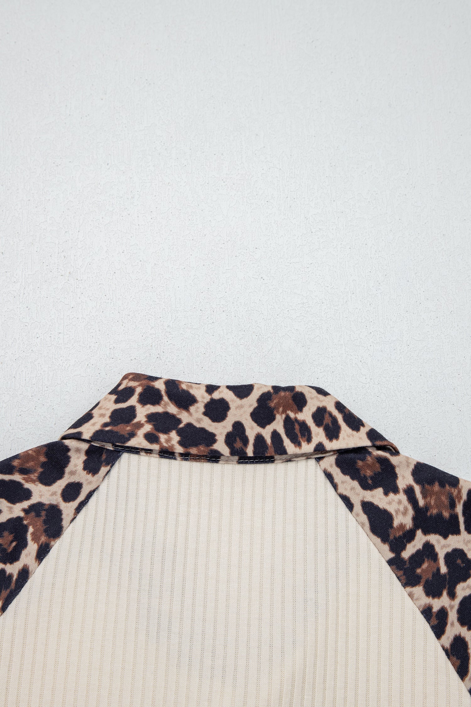 White Ribbed Texture Button Down Shirt with Leopard Patchwork
