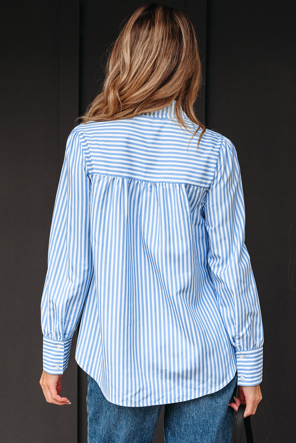 Sky Blue Stripe Shirred Half Placket Collared Long Sleeve Shirt
