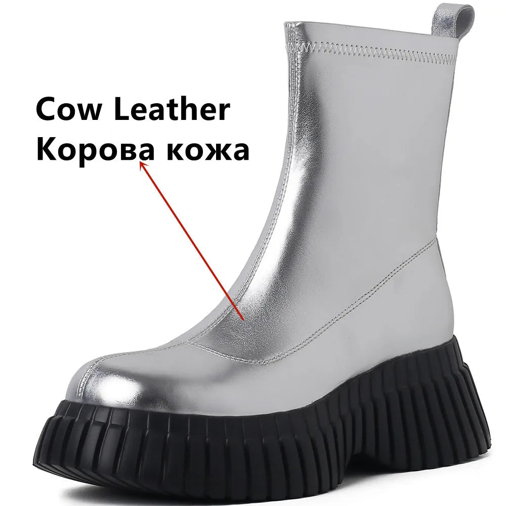 Women's Metallic Silver & Black Denim Platform Ankle Boots - Image 3