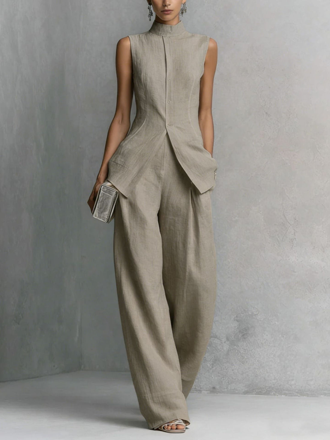 Women's Sleeveless High Neck Top and Wide Leg Pants Set - Image 7