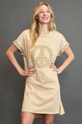 A trendy short sleeve mini dress featuring a plaid pattern and peace applique detail.