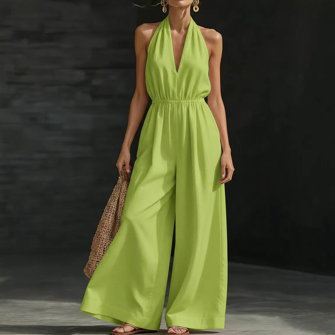 Women’s V-Neck Halter Neck Wide-Leg Sleeveless Jumpsuit