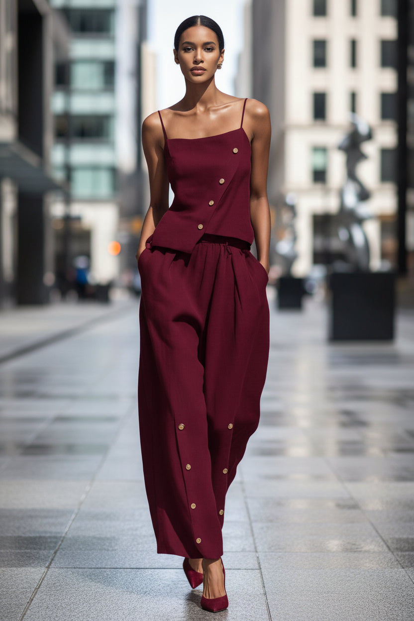 Women's Asymmetrical Button Camisole and Wide Leg Pant Set - Image 3