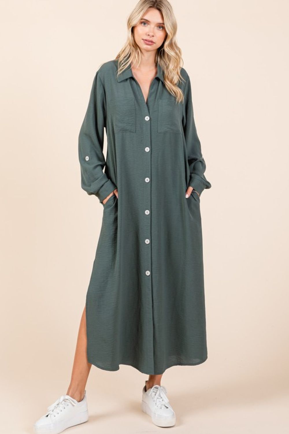 Stevvex airflow V-neck long sleeve button down maxi dress with side slit