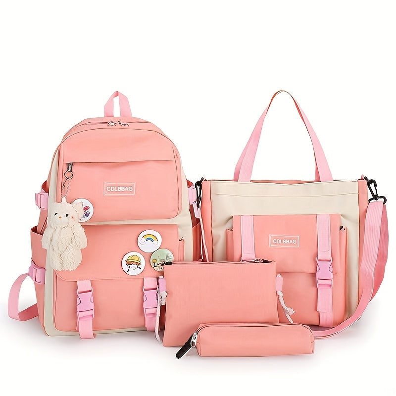 4pc Large Capacity Canvas Backpack for Teens School  Travel