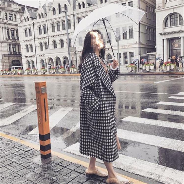 Women's Harajuku Style Black White Checkered Wool Long Coat - Image 3