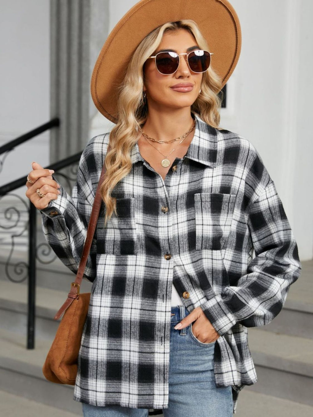 Brown and Black Plaid Long Sleeve Button-Down Collared Shirt - Image 18