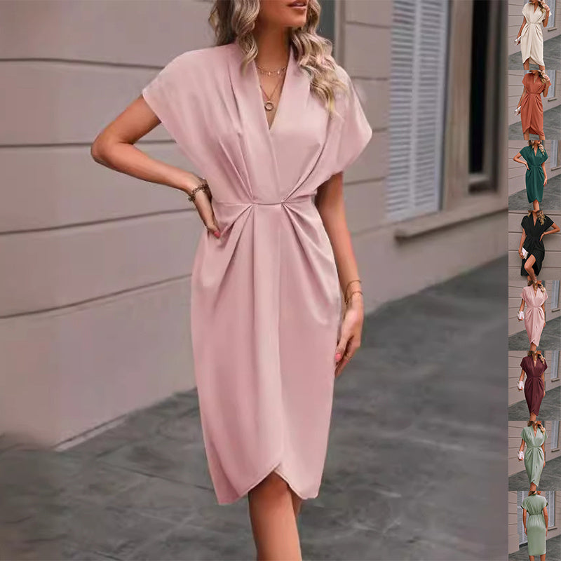V-Neck Batwing Sleeve Pleated Midi Dress - Relaxed A-Line Fit