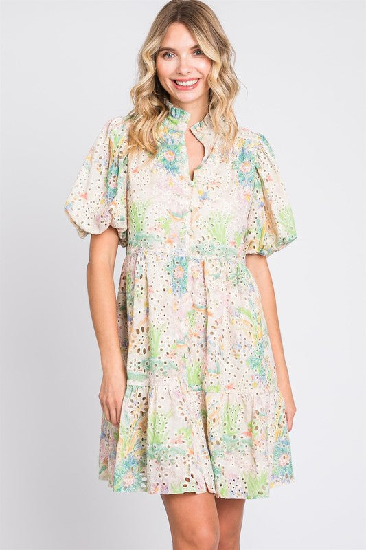Floral Eyelet Lace Puff Sleeve Mini Dress