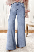 Dirty blue Button Zip High Waist Flared Hem Jeans