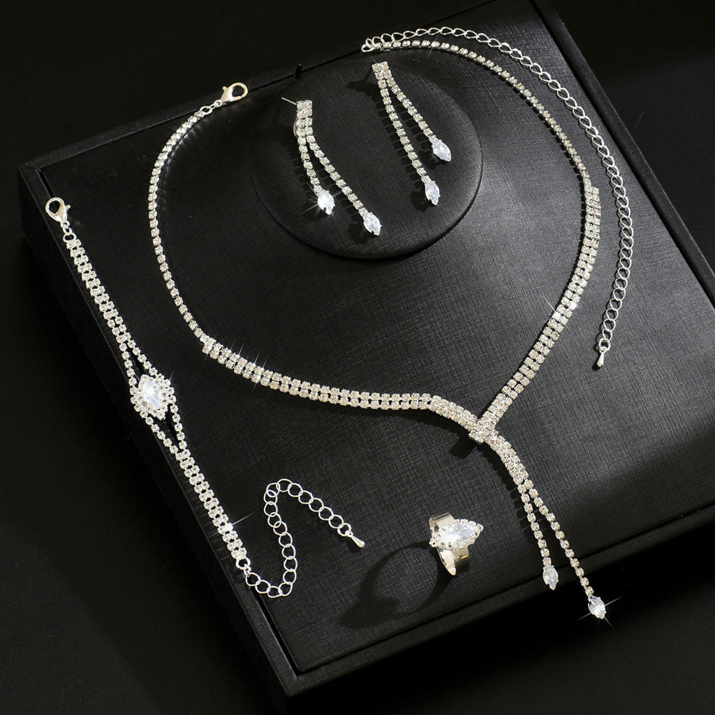 Hot-Selling Jewelry Claw Chain Marquise Zircon Ring Bracelet Necklace Earring Set Chain Wedding Dress Jewelry Four-Piece Set
