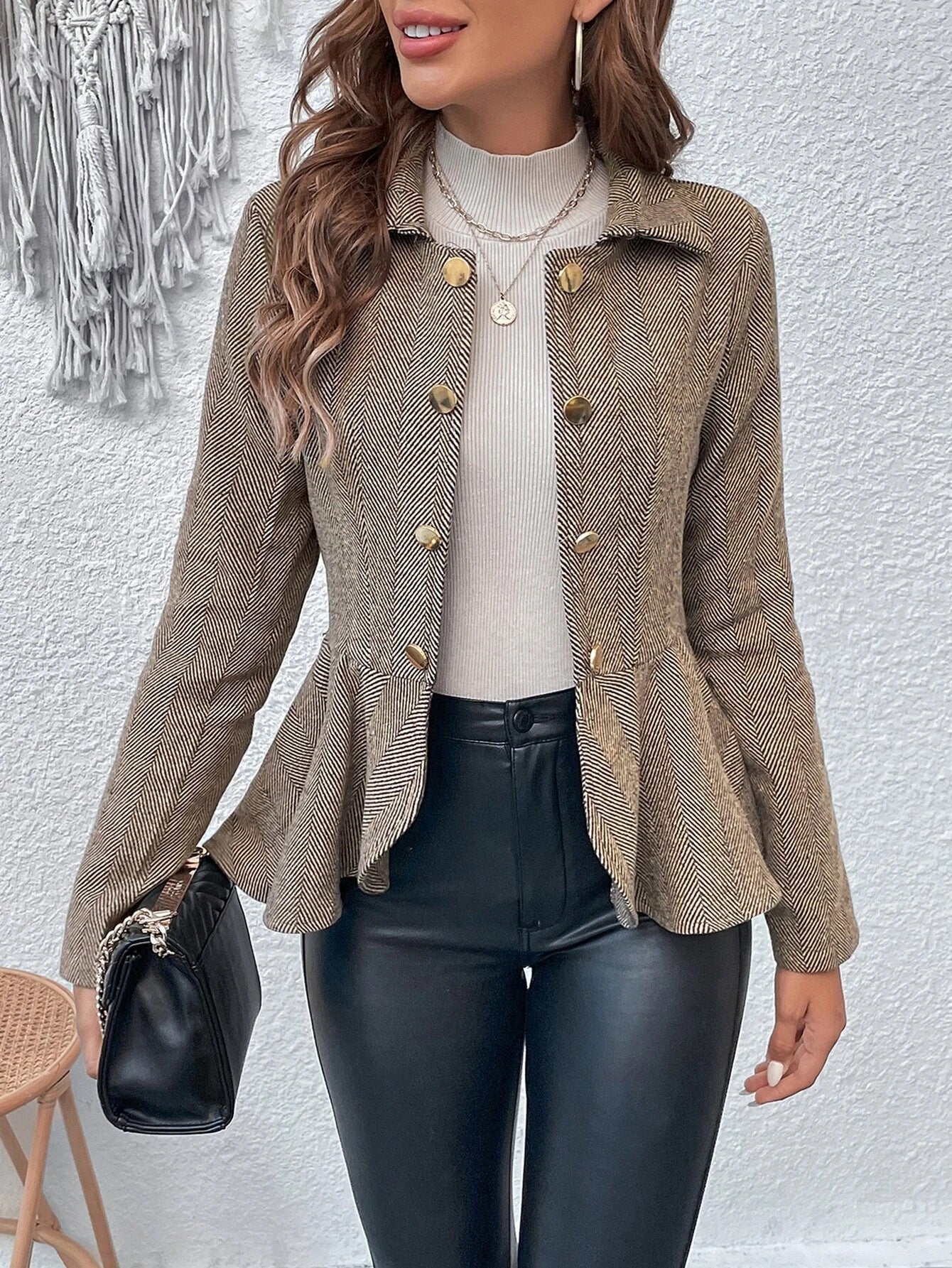 Women's Herringbone Peplum Jacket Button Front Tailored Blazer