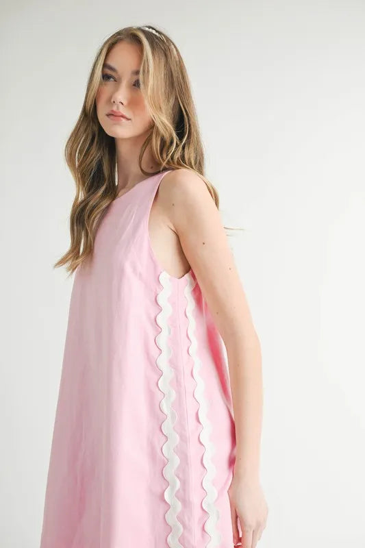 Linen Mix Ric Rac A-Line Mini Dress in Pink and White