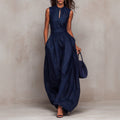 Navy Blue Sleeveless Striped Wide-Leg Jumpsuit with Pockets - Image 6