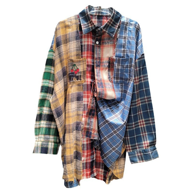 Women's Retro Harajuku Patchwork Plaid Loose Fit Shirt Top - Image 5
