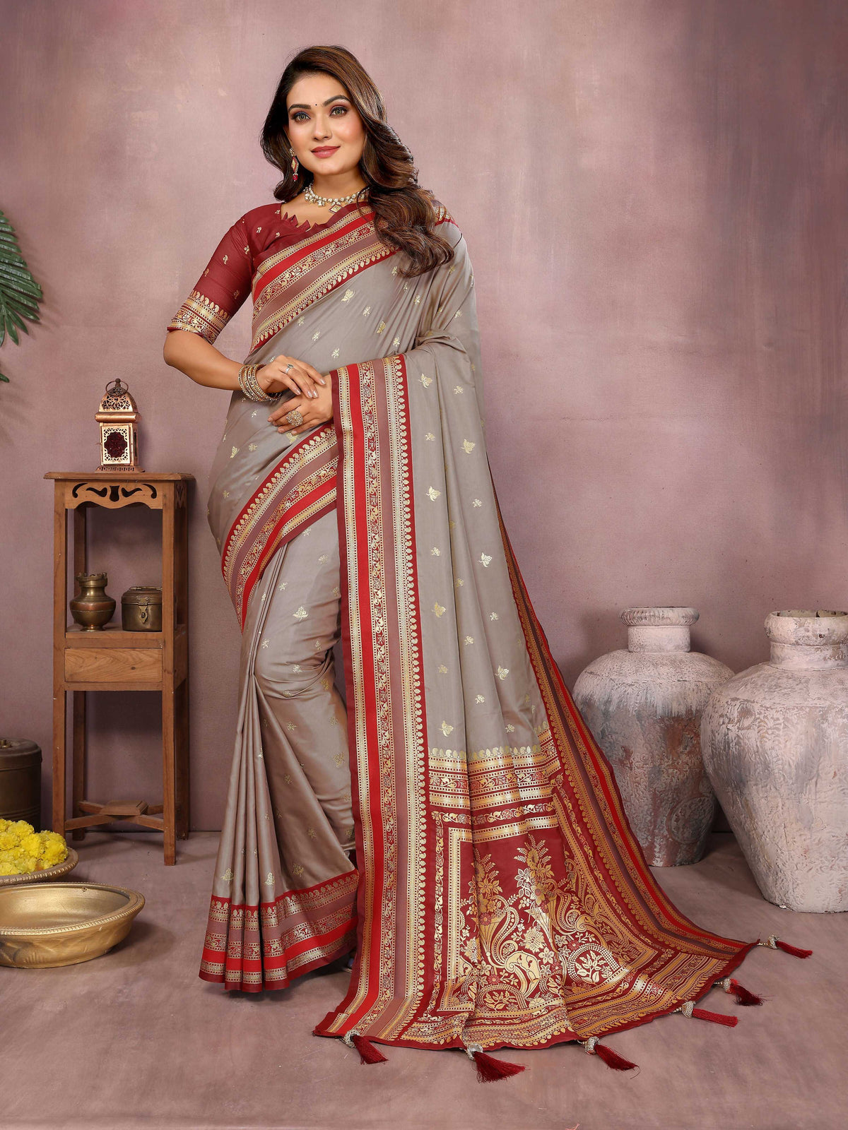 Grey Kalamkari Silk saree with detailed weaving
