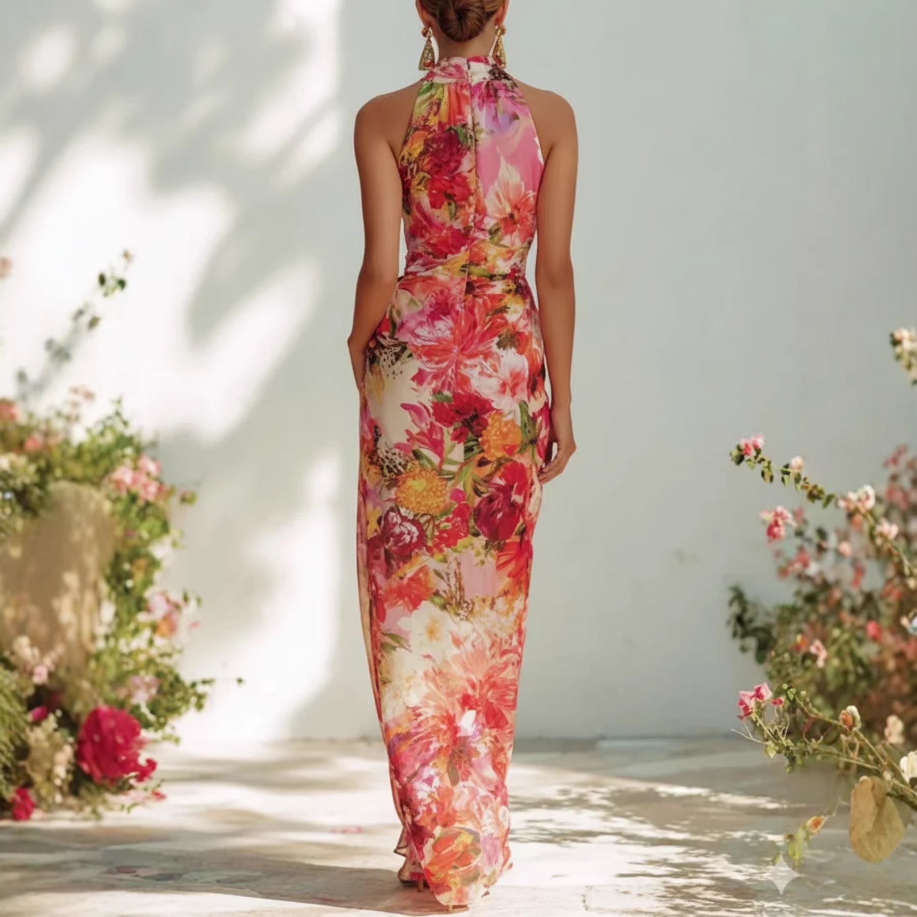 Floral Strapless Chiffon Maxi Dress A-Line Resort Wear