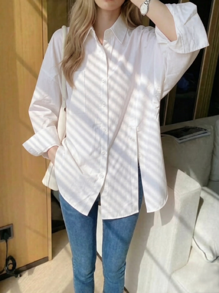 Women's Solid Color Drop Shoulder Shirt with Side Slit Detail