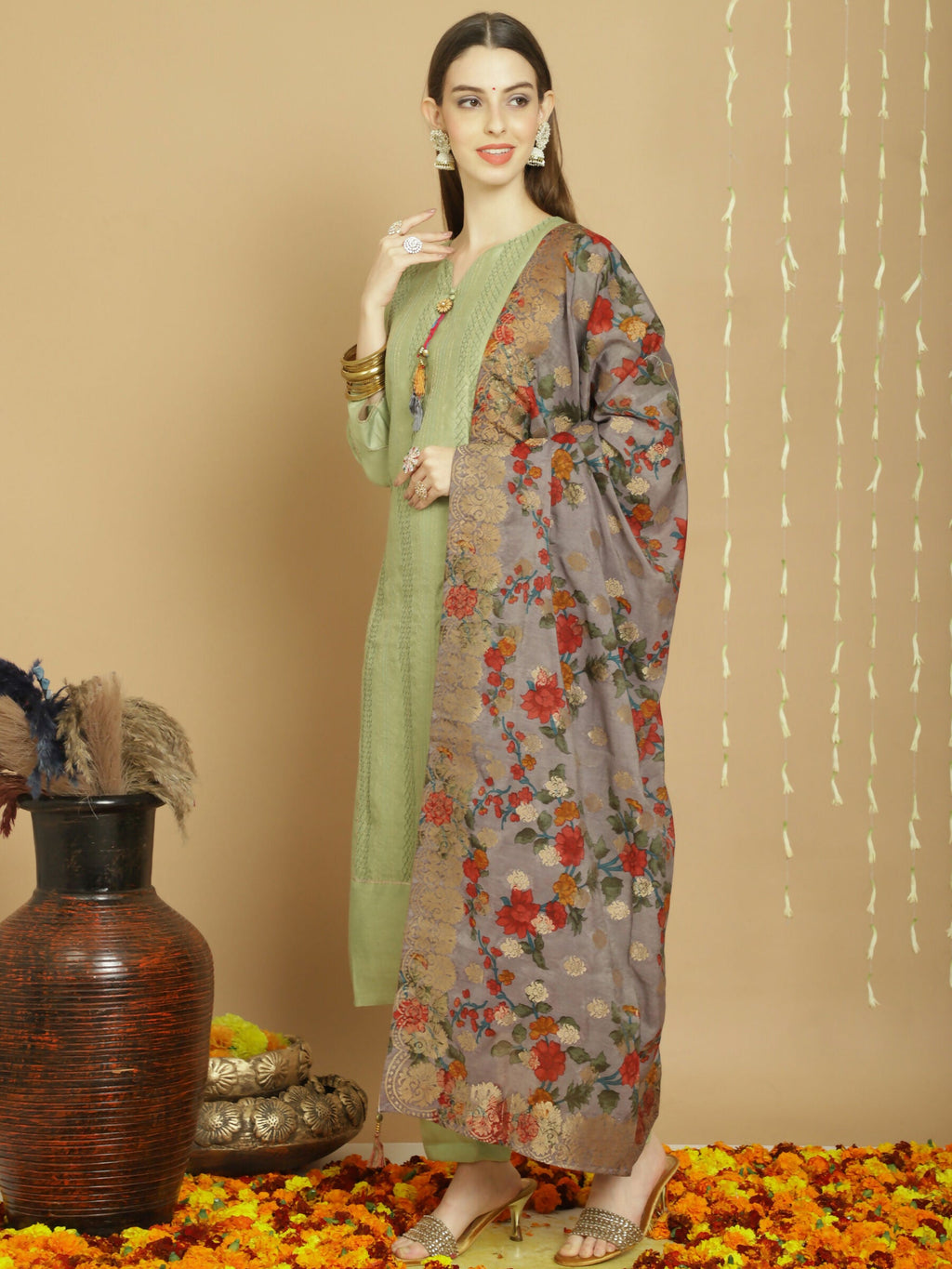 Women's Green Chanderi Silk A-Line Kurta with Trousers & Dupatta