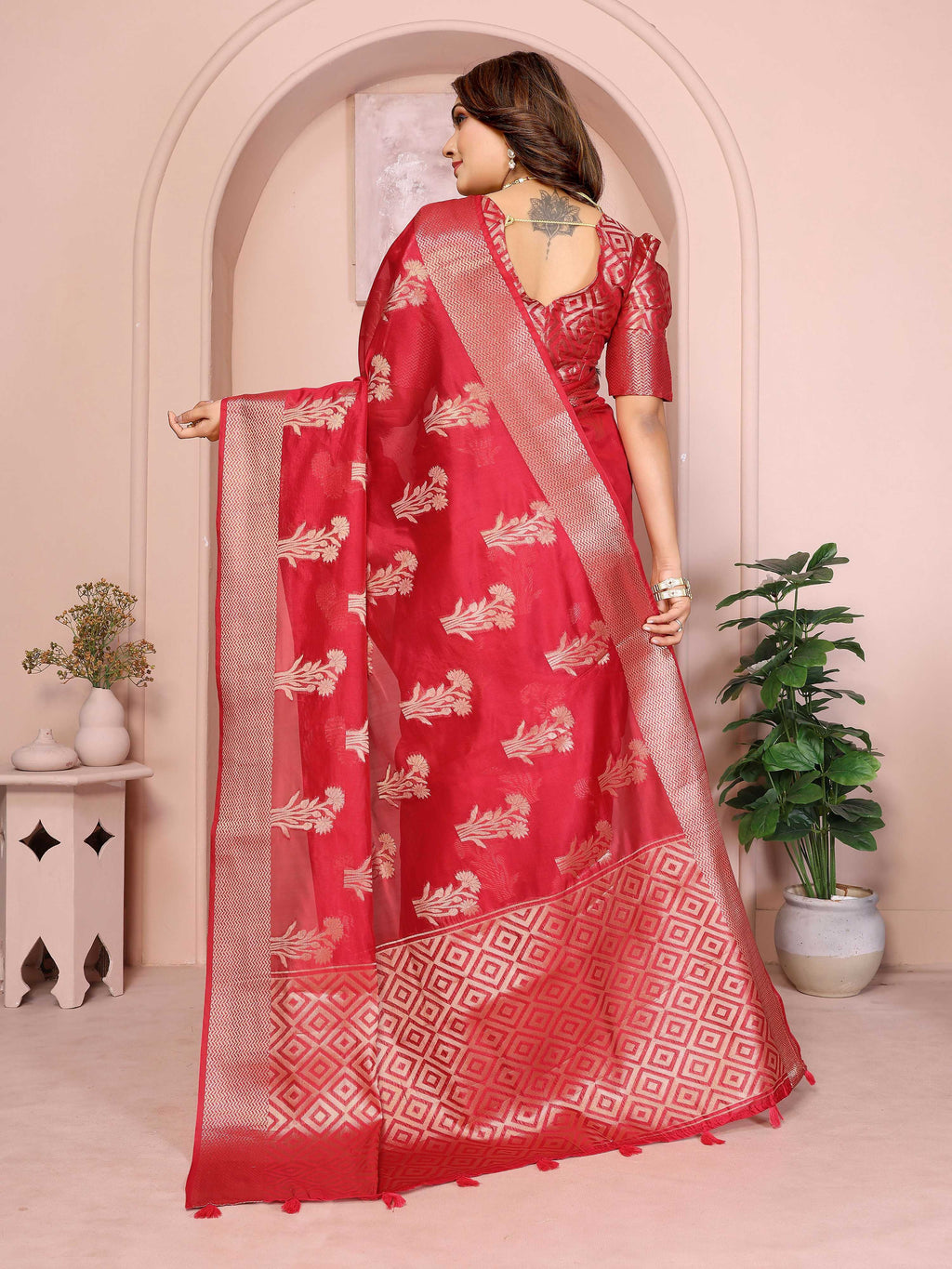 Red Soft Organza Silk Saree with Elegant Weaving Details