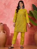 Mustard colored co-ord set with elegant embroidery details in pure cotton fabric.