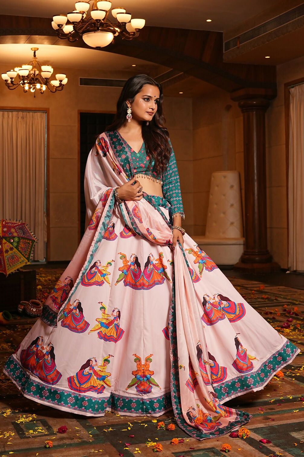 Light Pink and Teal Crepe Designer Navratri Lehenga Choli