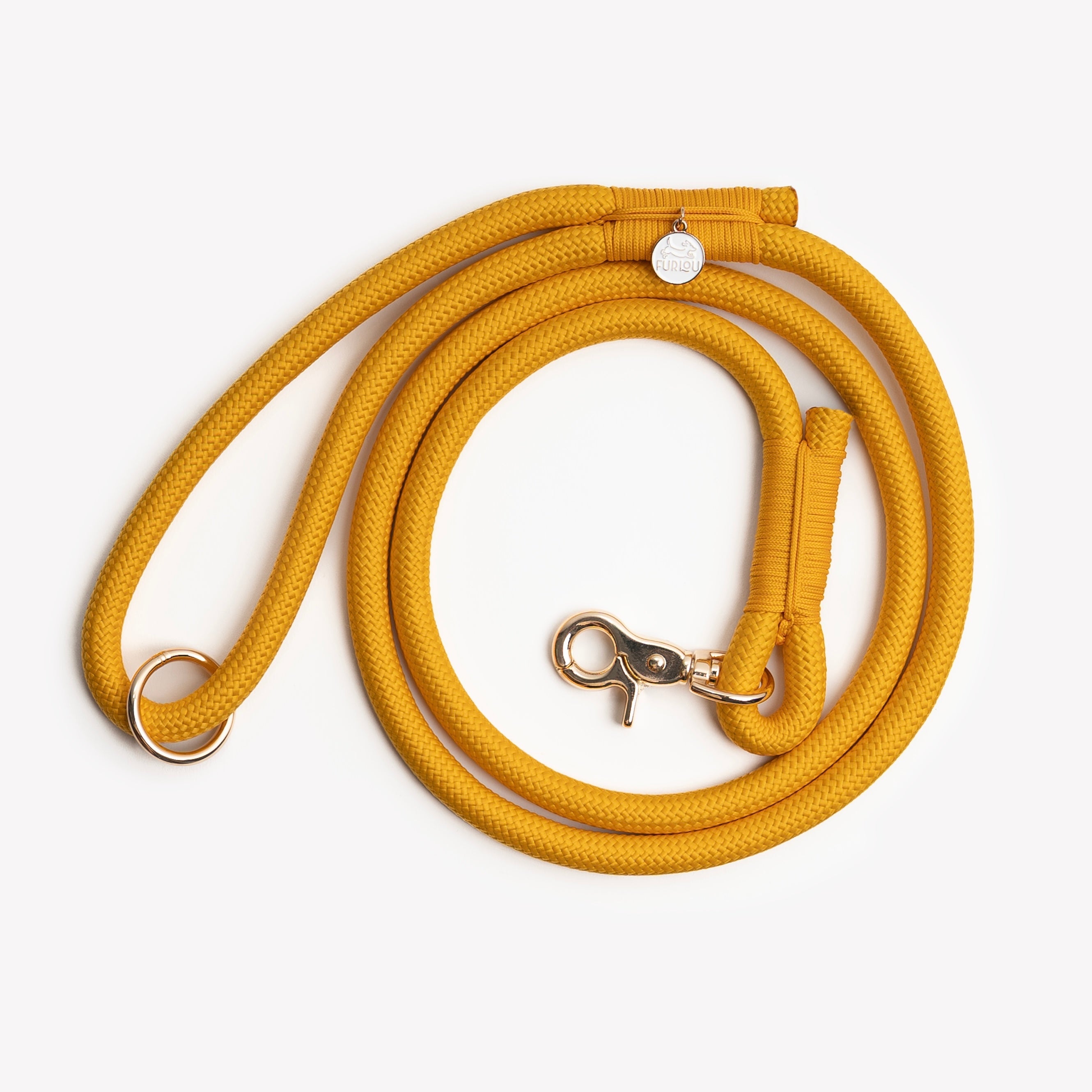 Furlou Yellow braided rope dog leash with metal O-ring and swivel clip