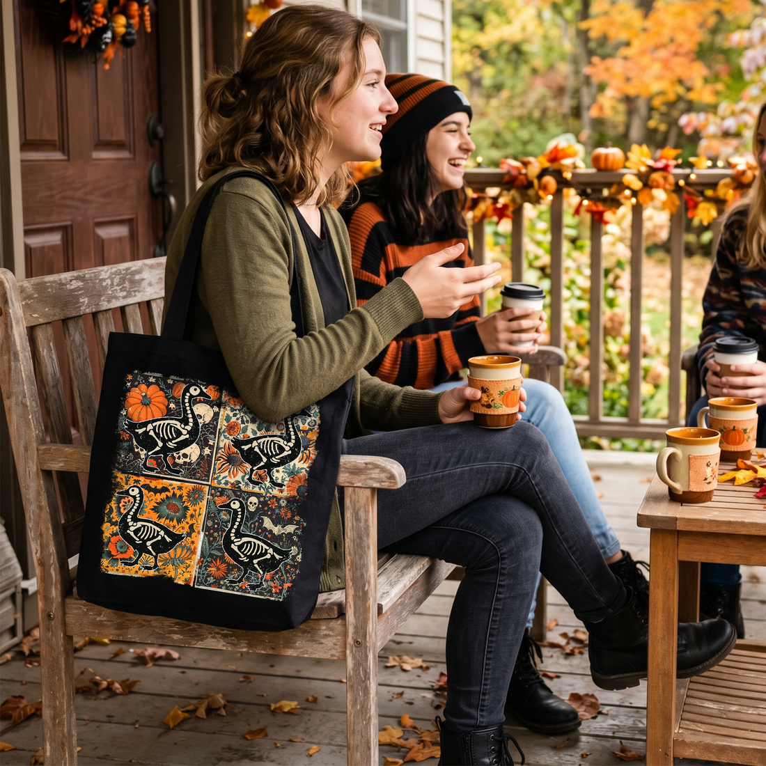 Skeleton Goose Patchwork Floral Tote Bag for Halloween Shopper