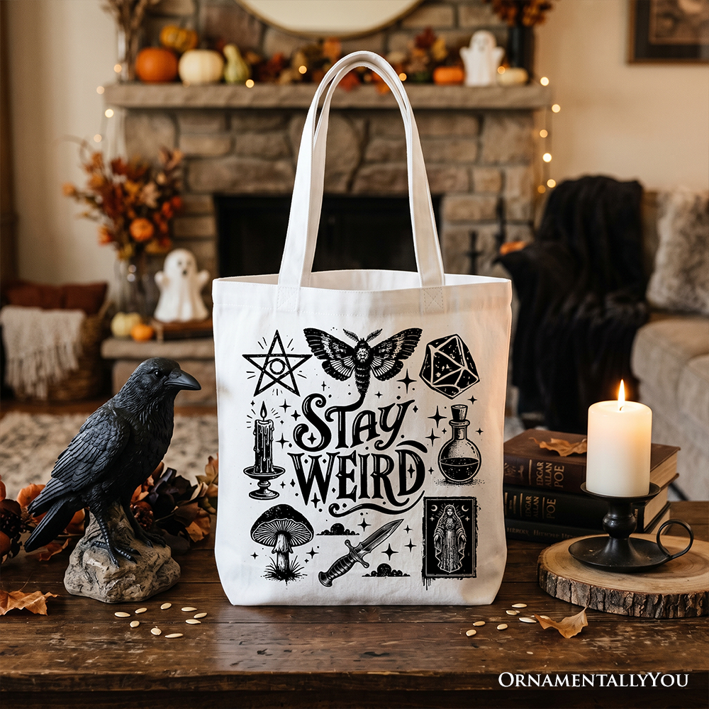 Stay Weird Witchy Vibes Canvas Tote, Mystical Halloween Bag