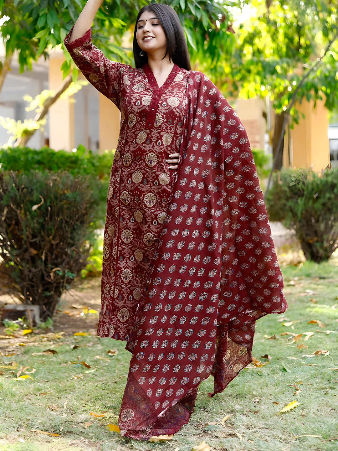 Premium Luxury Hand Embroidered Floral Kurta Set with Lace