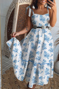 Sky Blue Floral Shirred Knot Shoulder Sleeveless Dress