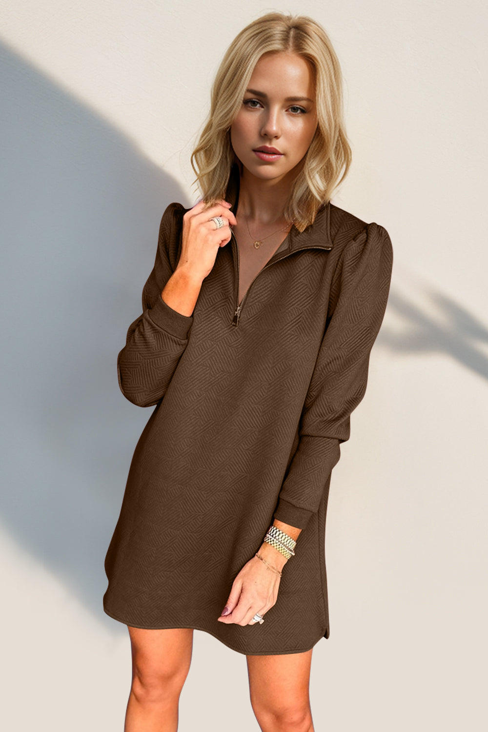 Textured Zip-Front Long Sleeve Dress - Elegant Women's Apparel